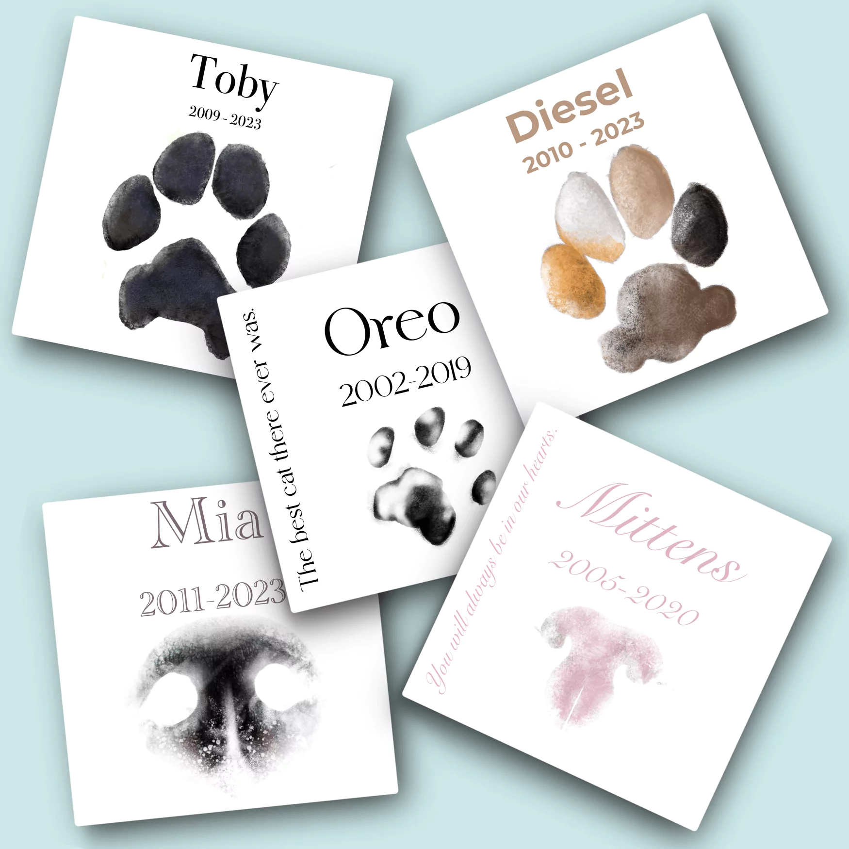 Examples of digital ink paw and nose prints, which is included in HolisticalVets' in-home pet euthanasia services