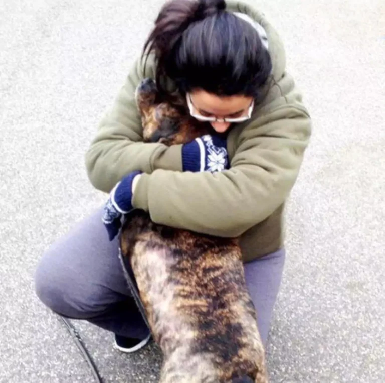 Dr. Matthews gently hugging Diesel, a pitbull mix, showing compassionate veterinary care and calm support.